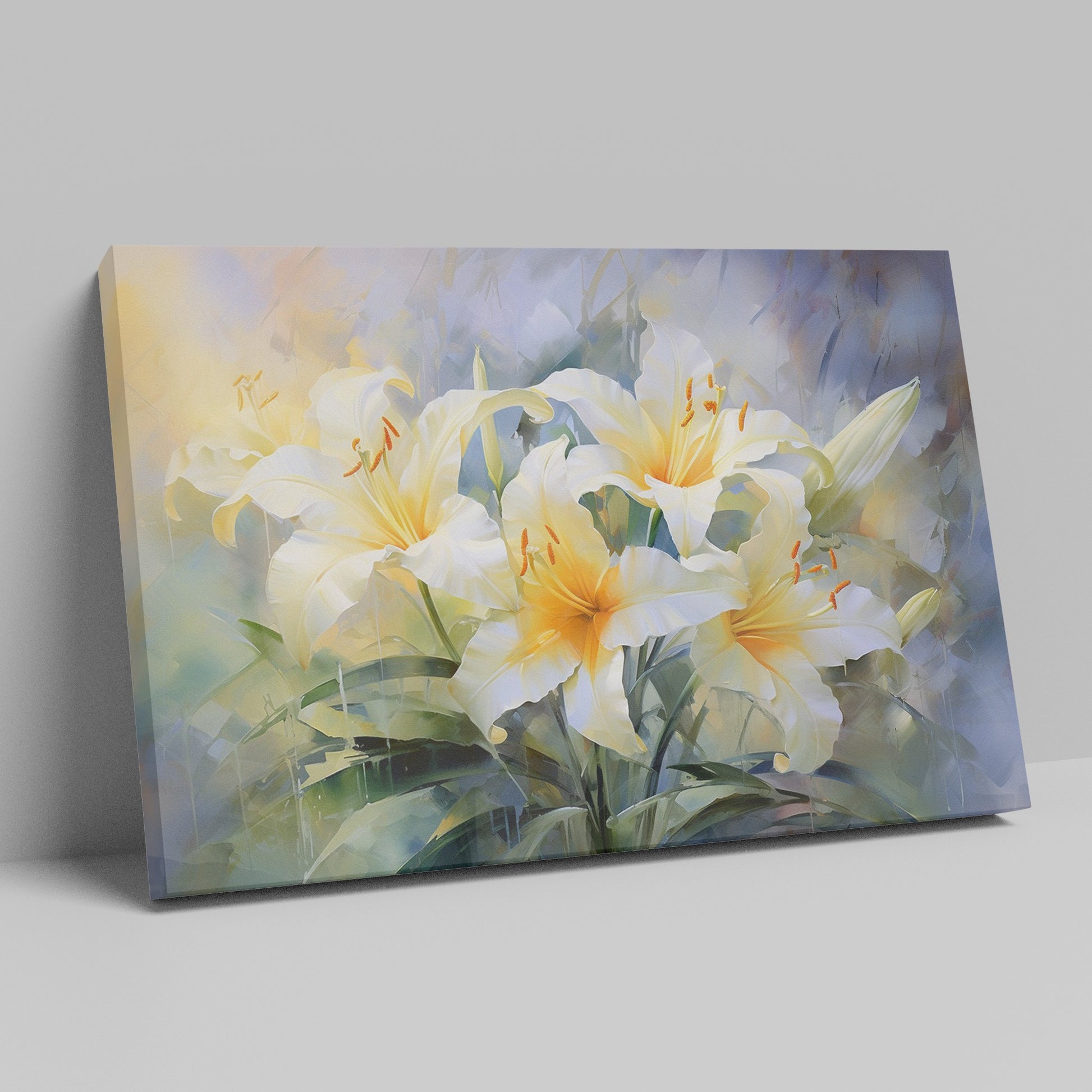 Framed canvas print of impressionist style lilies in vibrant cream and yellow hues