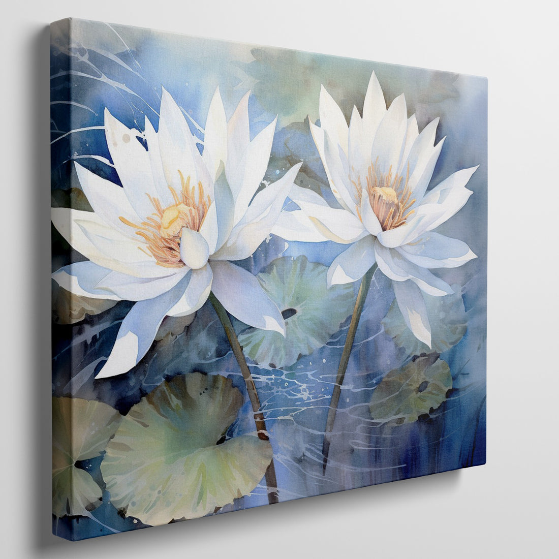 Framed canvas print of tranquil water lilies in watercolour blues and whites