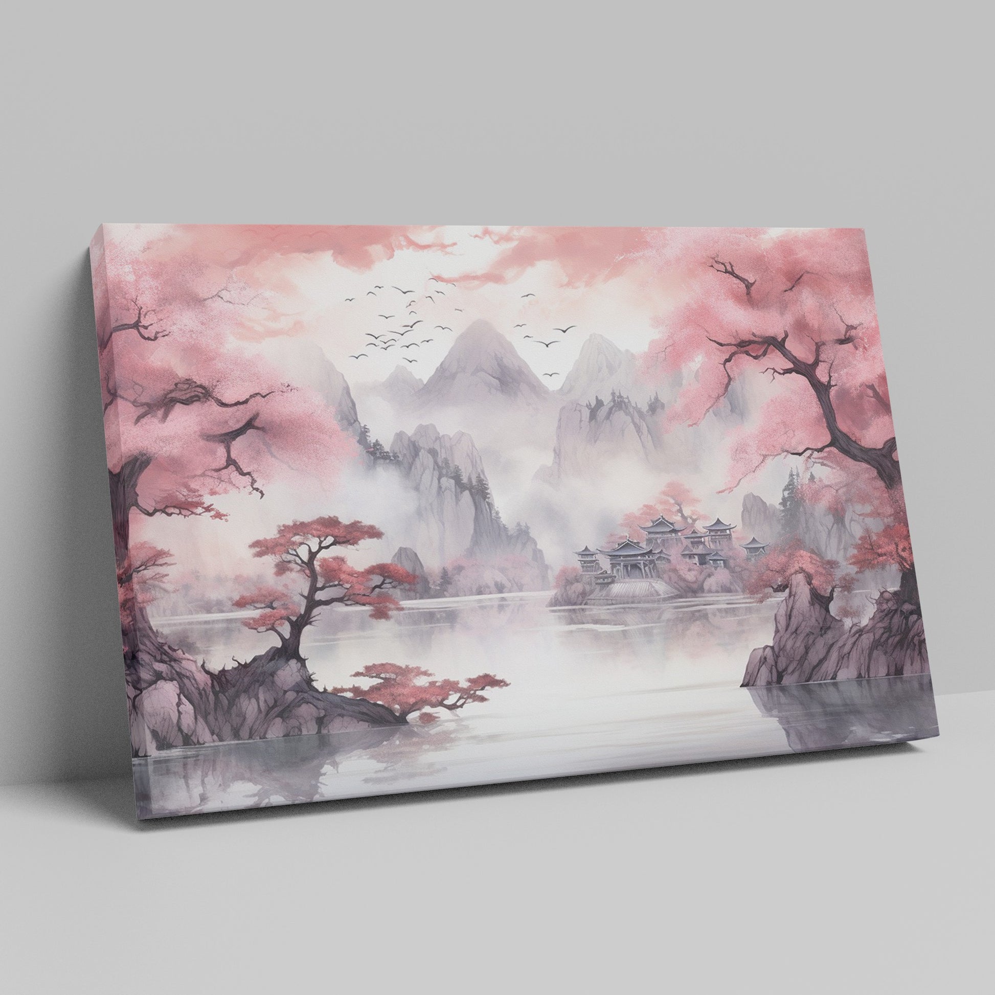 Framed canvas print of Asian landscape with cherry blossoms and misty mountains