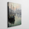 Framed canvas print of a serene harbour scene with sailing boats and a historic lighthouse at dawn