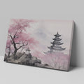 Framed canvas print of Oriental Pagoda in Mist with Cherry Blossoms