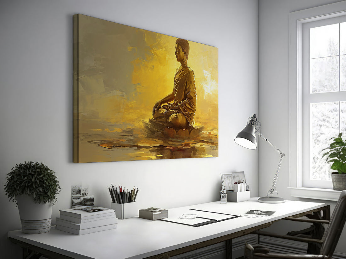 Framed canvas print of a golden Buddha in meditation