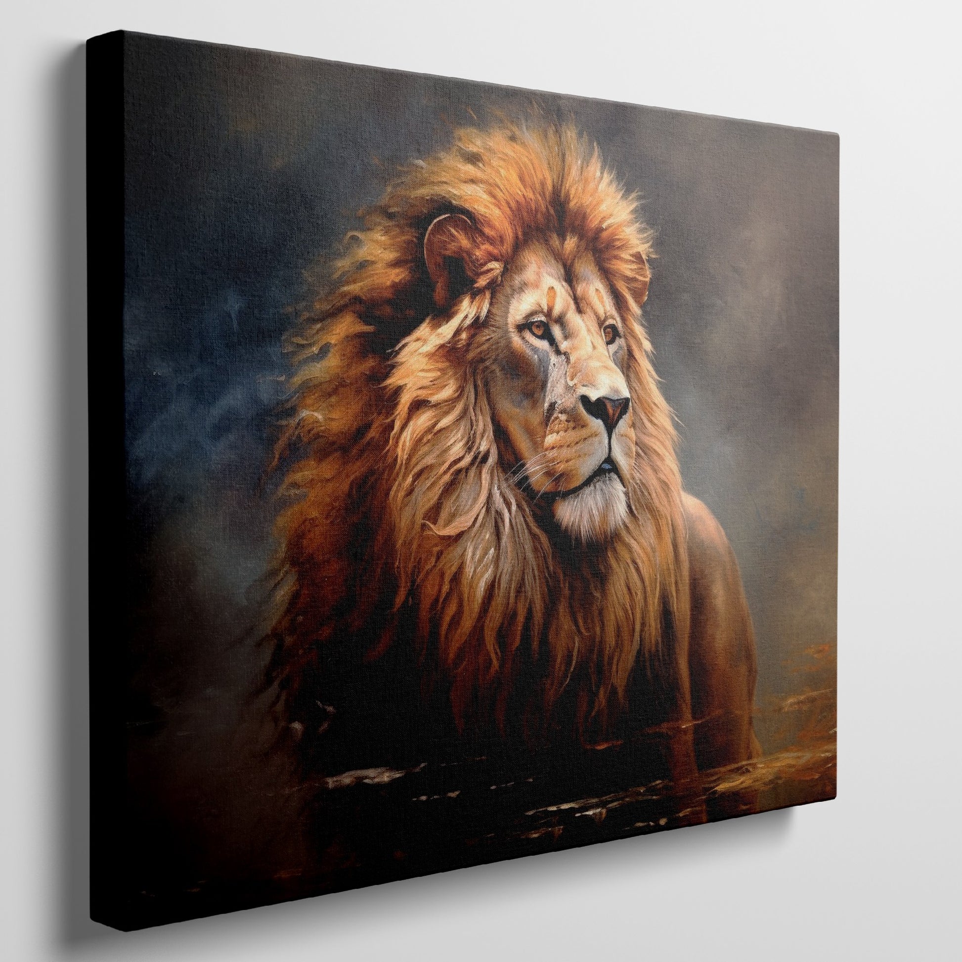 Framed canvas print of a majestic lion portrait, with detailed mane and warm earthy colours