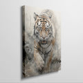 Framed canvas print of a fierce and majestic tiger in watercolour, highlighting the animal's intense gaze and striking details against a neutral backdrop.