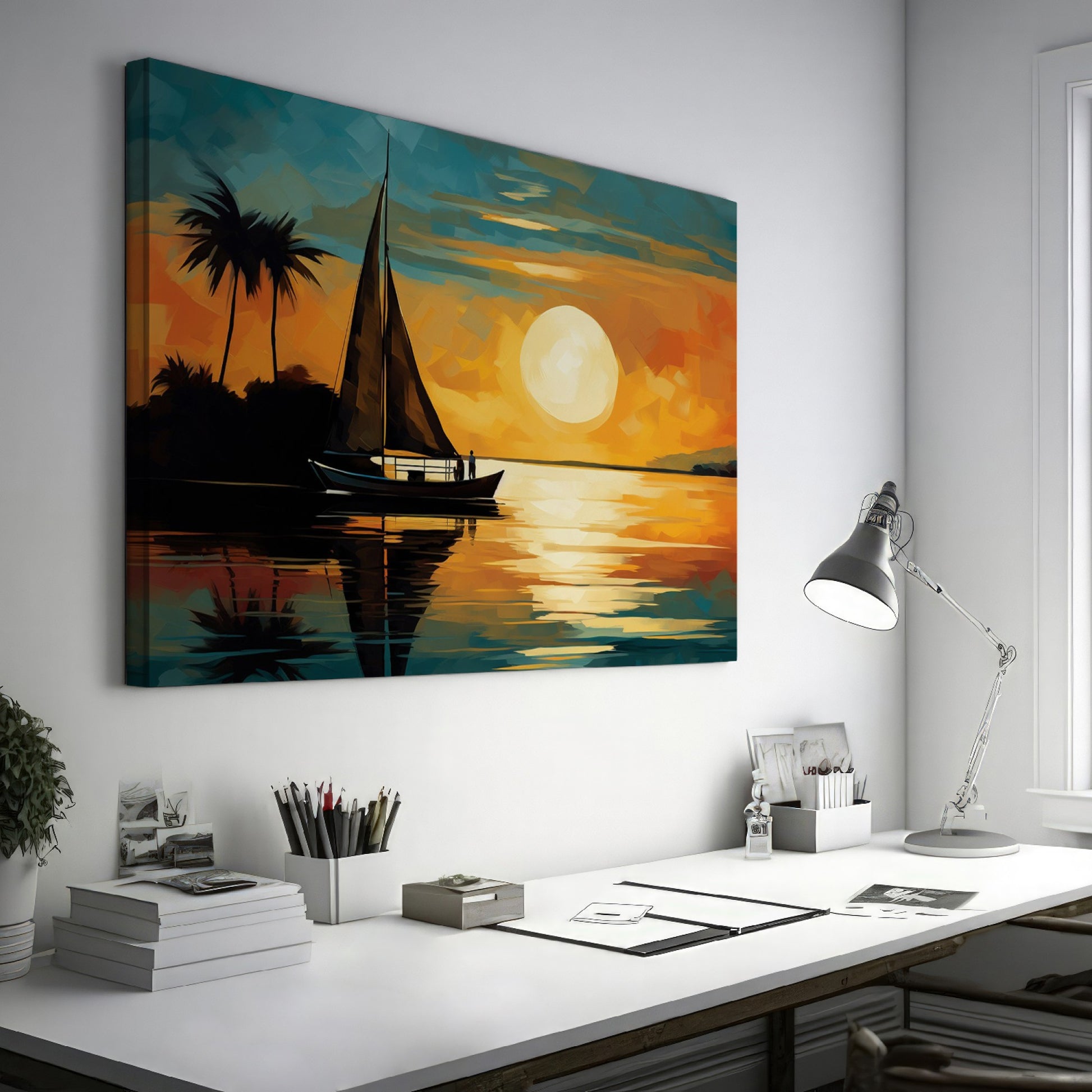 Abstract tropical sunset with a silhouetted sailboat at sea under a large sun with palm trees and calm water reflections.