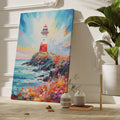 Framed canvas print of a vibrant impressionist seascape with a lighthouse at sunset