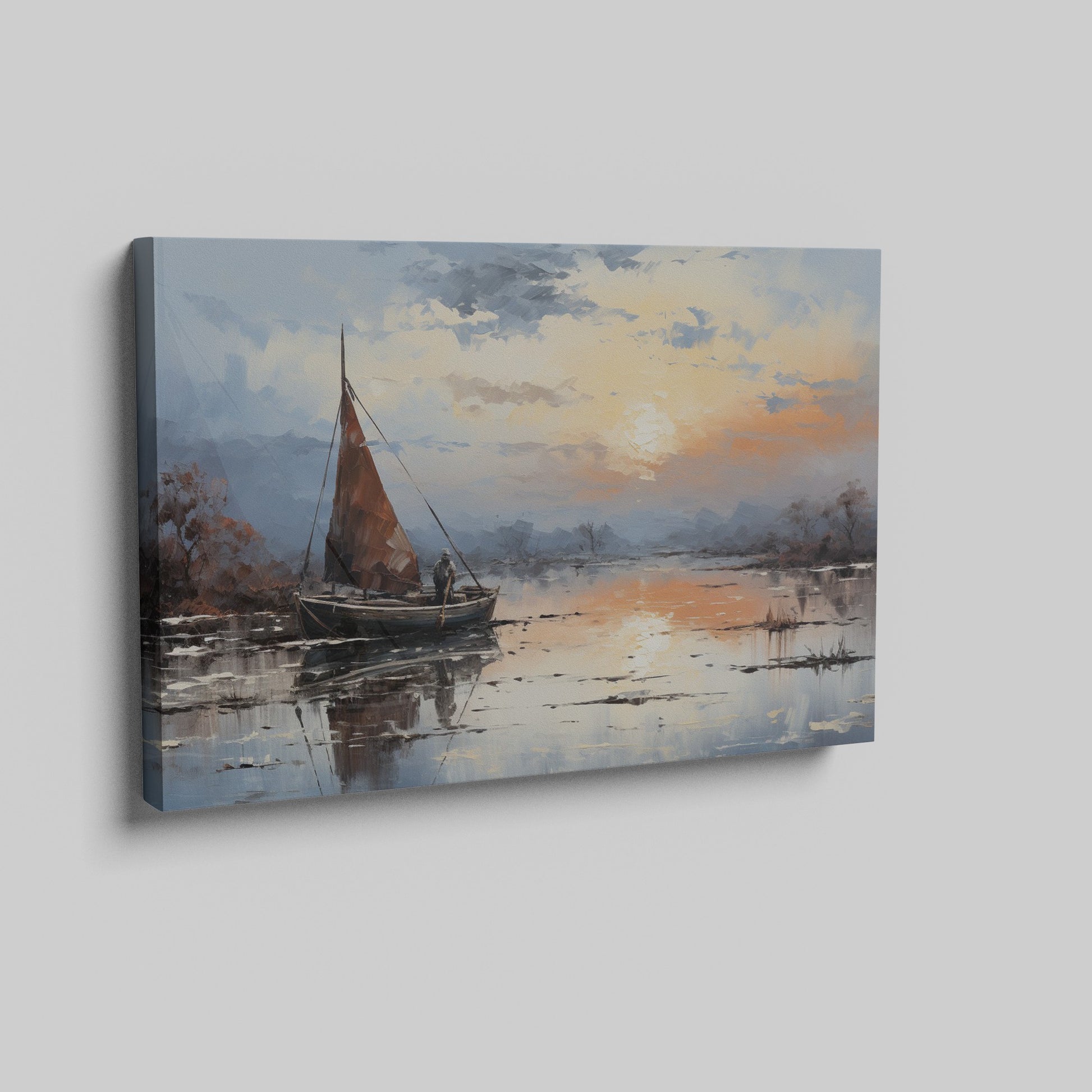 Framed canvas print of impressionist sailboat at sunset with vibrant sky and reflective water