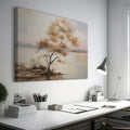 Framed canvas print of a tranquil lake landscape with an autumn tree at dusk