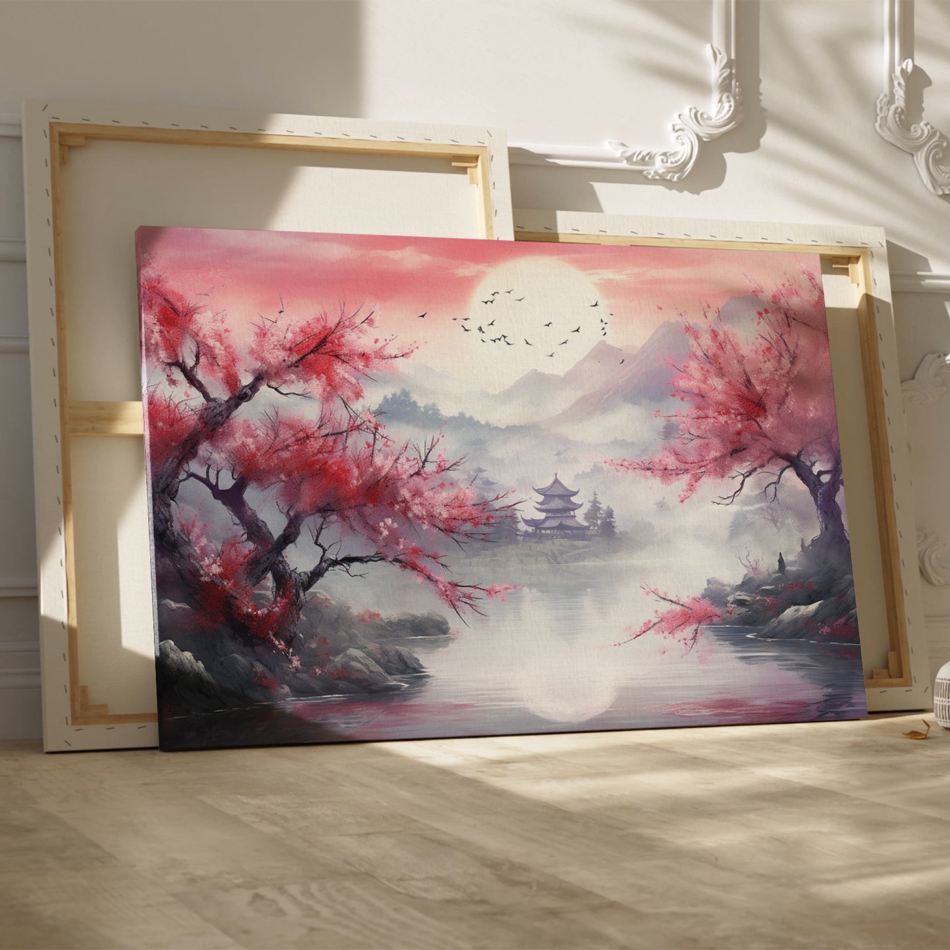 Framed canvas print of an Asian landscape with cherry blossoms and a pagoda at sunset