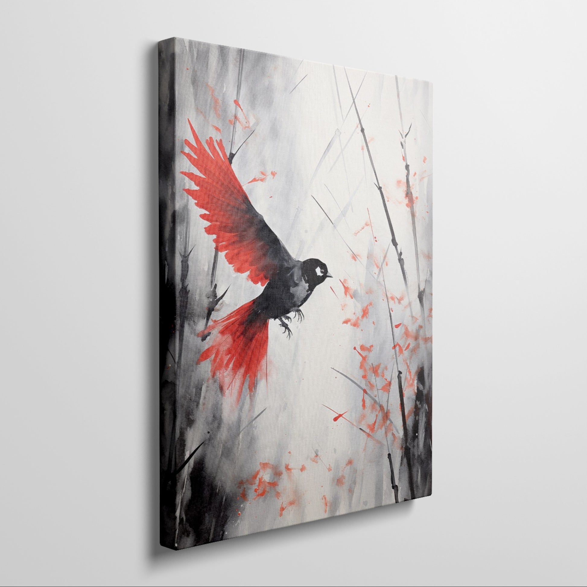 Framed canvas print of a stylised bird with vibrant red wings against a monochrome watercolor background