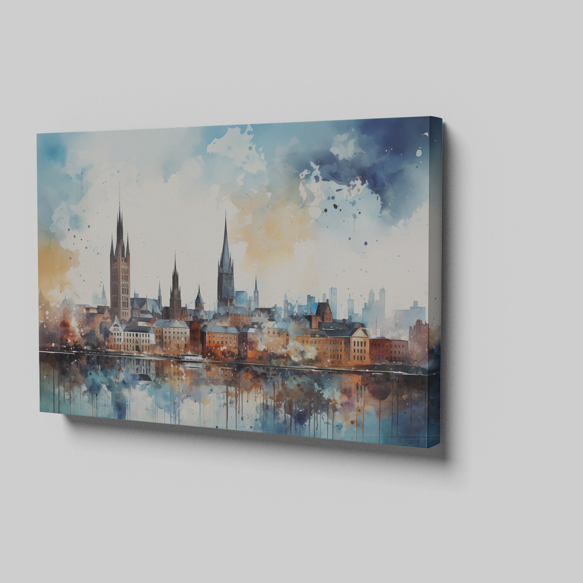 Framed canvas print of abstract watercolour cityscape with vibrant blue, orange and black tones