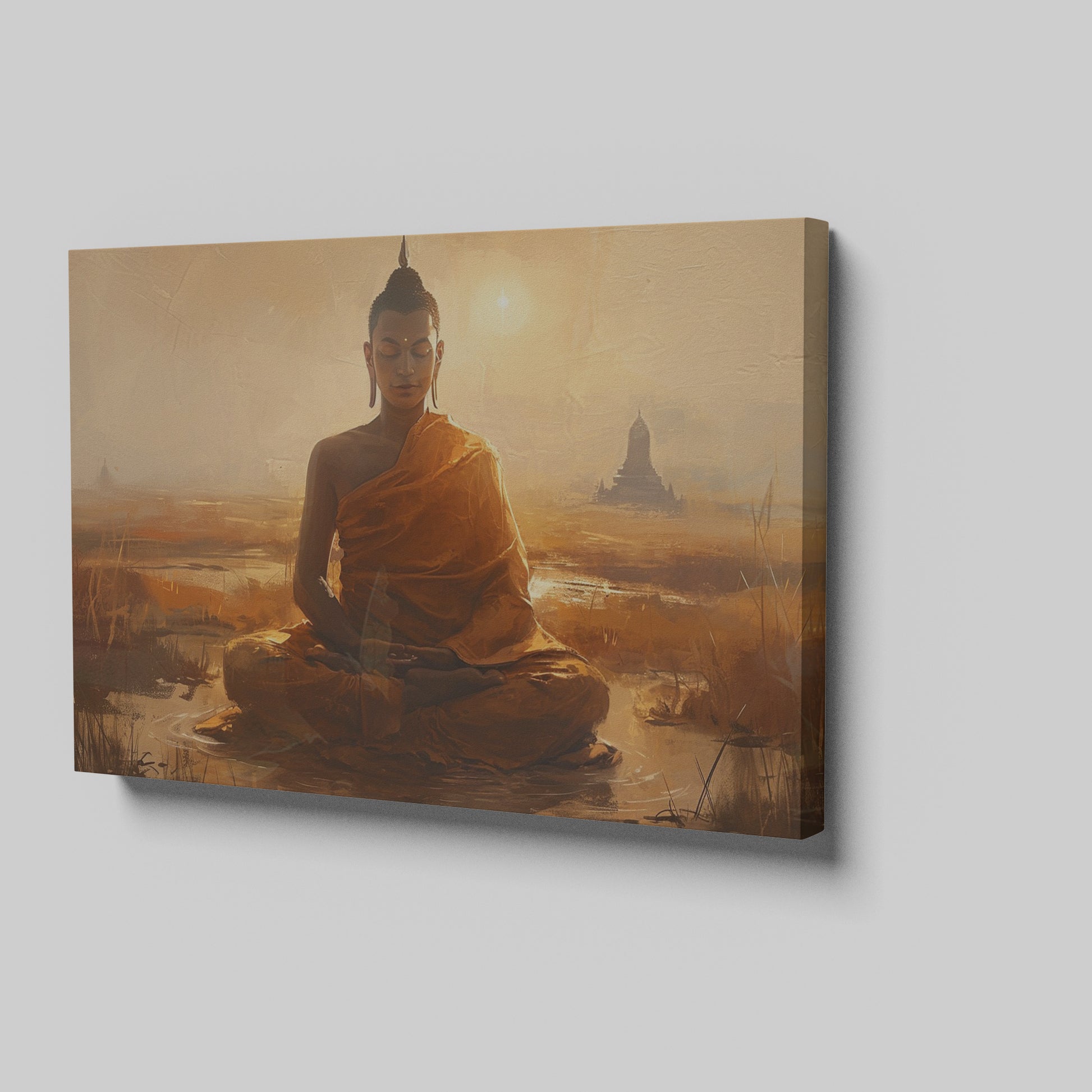 Framed canvas print of a serene meditating Buddha in golden sunset hues with temple silhouette