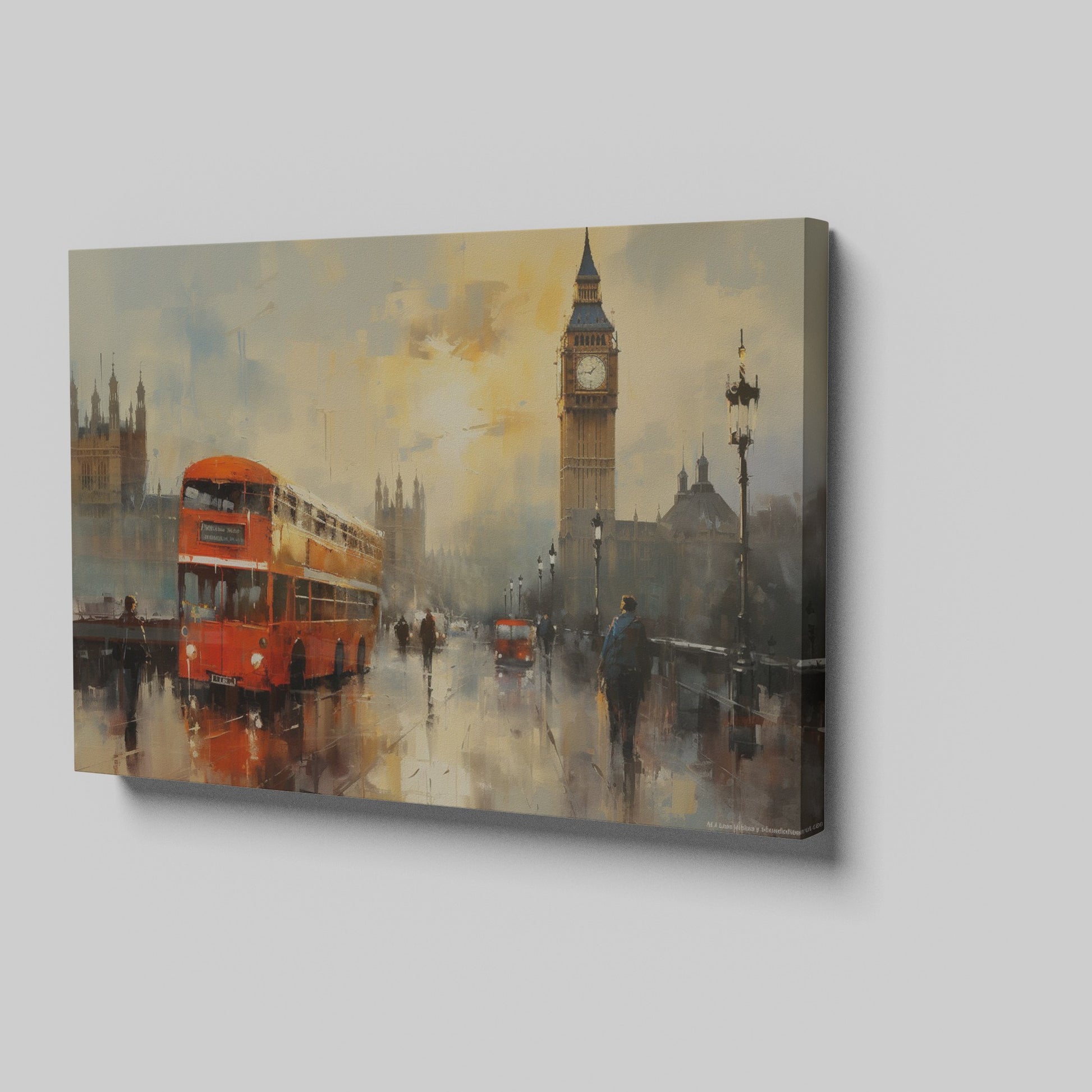 Framed canvas print of London with rain-swept Westminster, Big Ben, and a vintage red bus