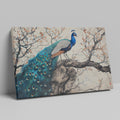 Framed canvas print of a peacock on a blossoming cherry tree with oriental art style