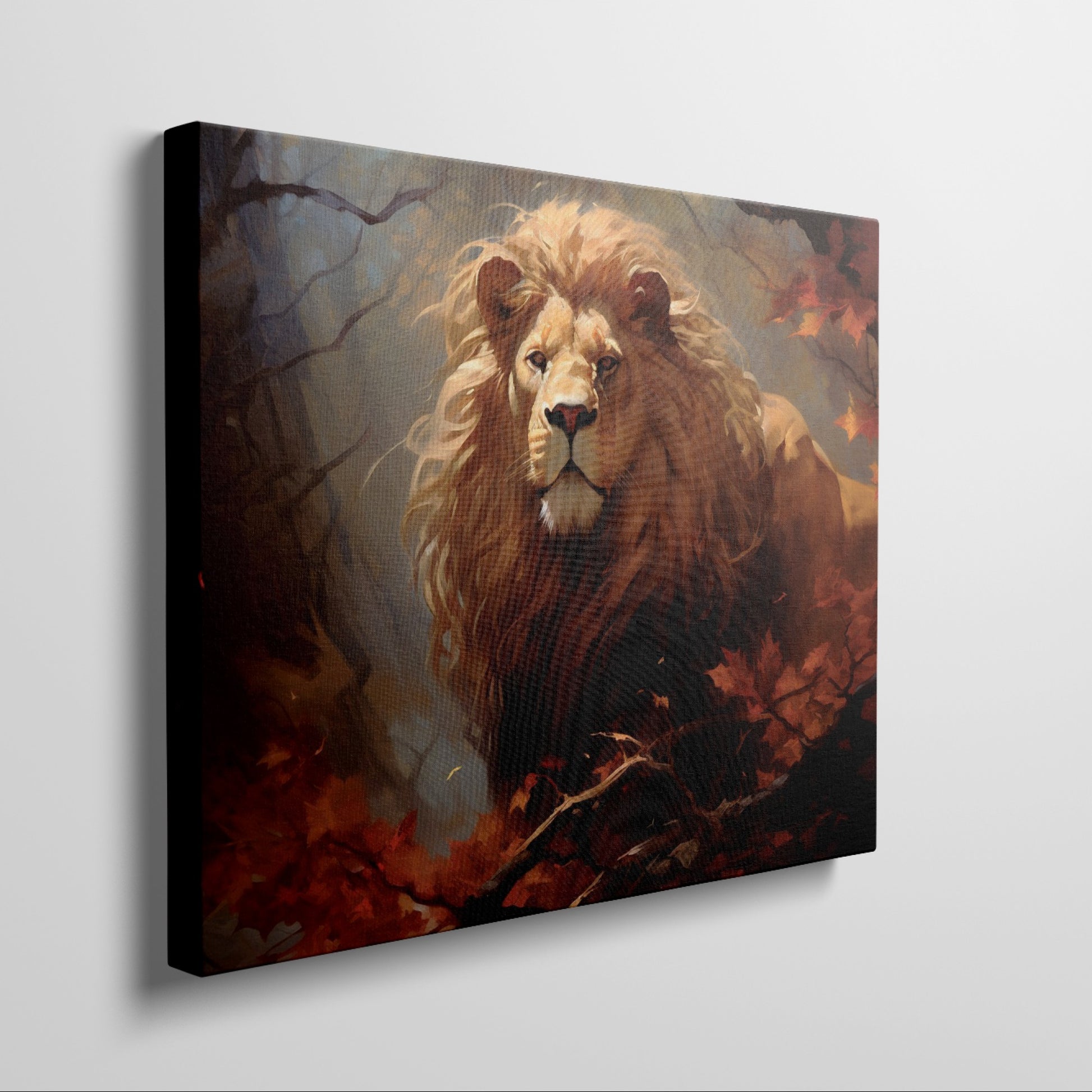 Framed canvas print of a majestic lion in an autumn forest with vibrant red and orange leaves