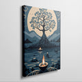 Framed canvas print of a stylised tree against a golden moon with decorative flames and a serene waterscape