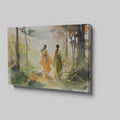 Framed canvas print of two women in traditional Chinese attire walking through an autumnal watercolor forest