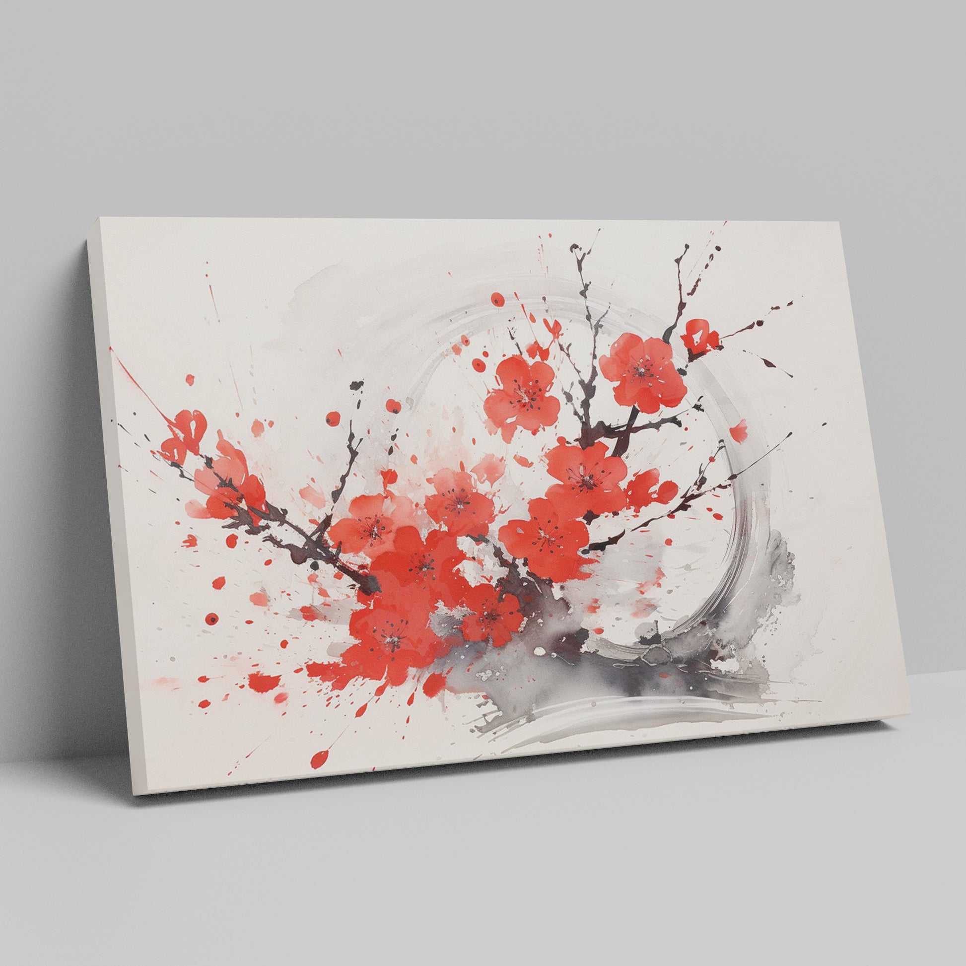 Framed canvas print of abstract ink wash cherry blossoms in vibrant red and black