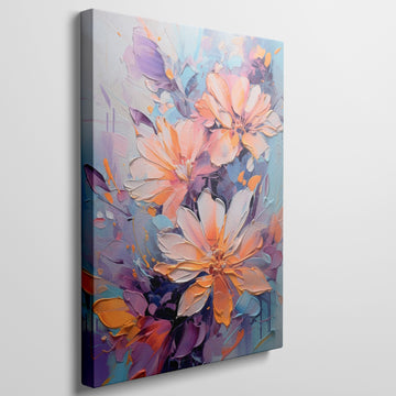 Framed canvas print of vibrant, textured impasto flowers in bright orange, purple, and blue hues