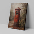 Framed canvas print of an impressionist painting featuring a vintage British red postbox with rustic autumnal background