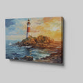 Framed canvas print of a vivid impressionist lighthouse at sunset with dynamic ocean waves