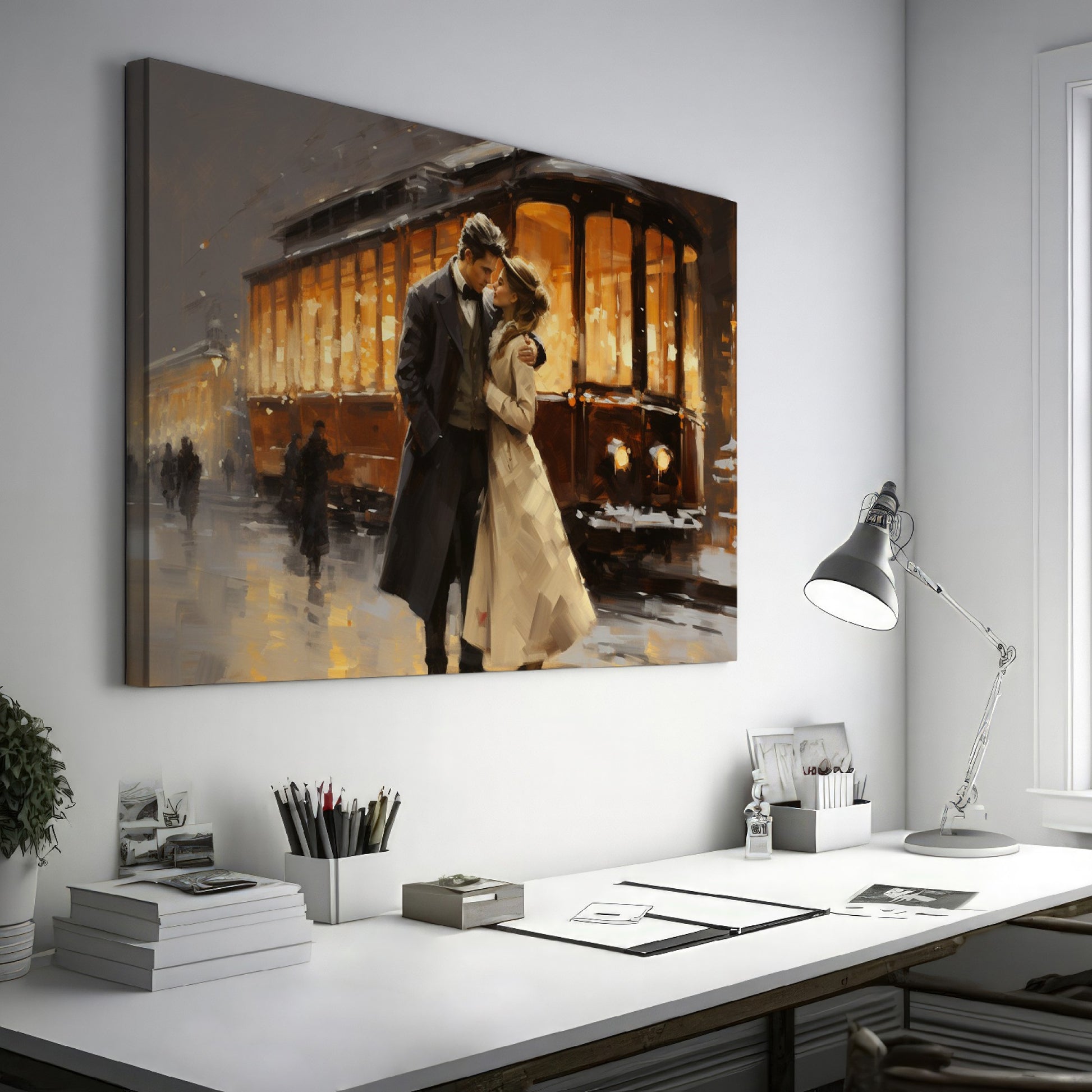 Framed canvas print of a romantic couple embracing on a snowy evening by a vintage streetcar