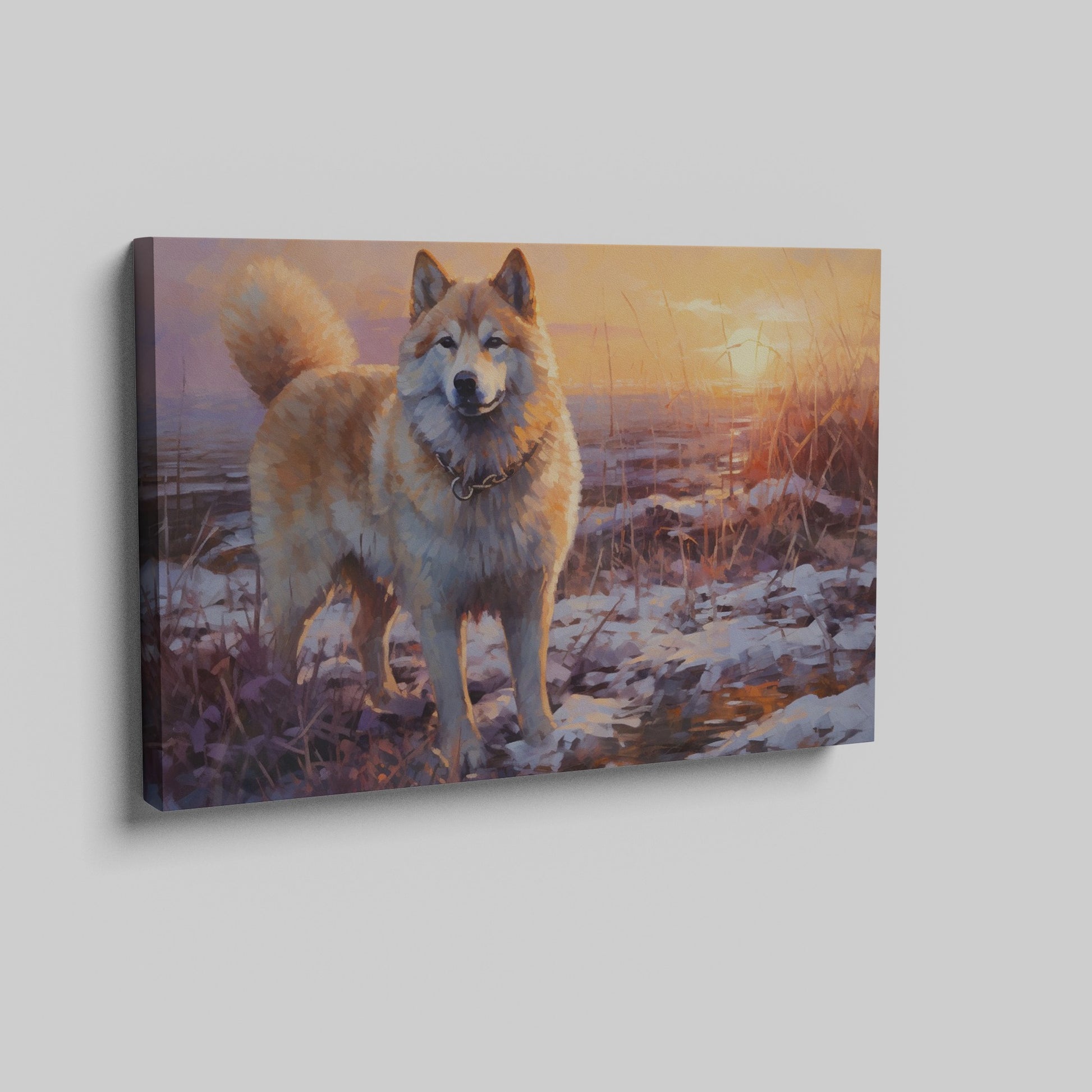 Framed canvas print of a dog in impressionist style with a winter sunset in the background