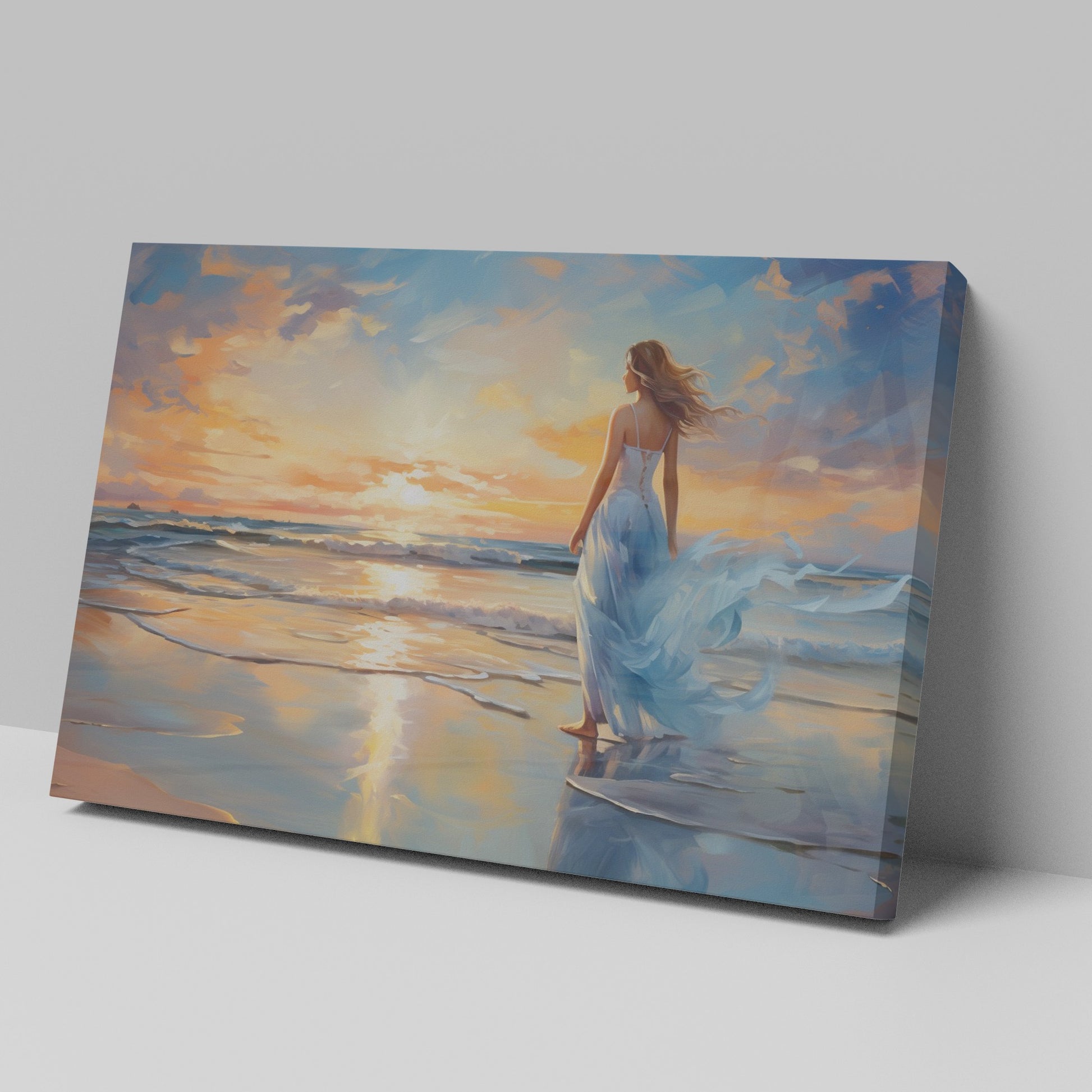 Framed canvas print of a woman in an elegant dress at sunset on a beach, with vibrant reflection in water