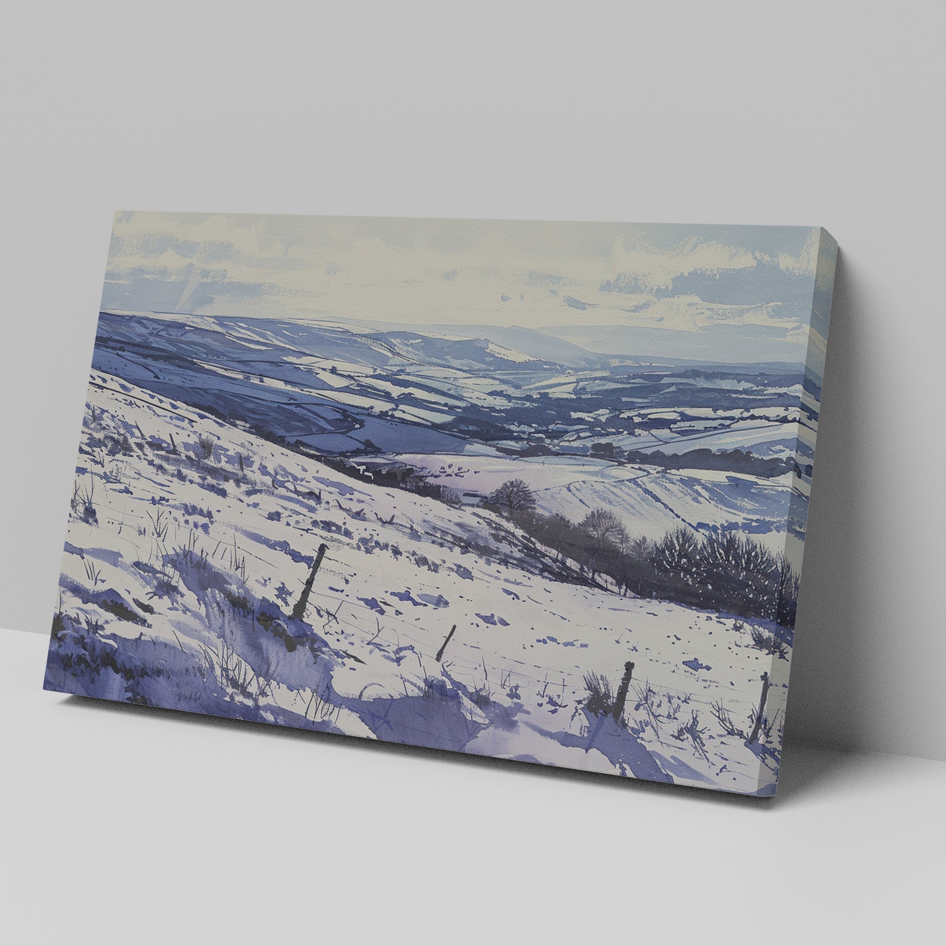 Framed canvas print of a snowy countryside landscape with rolling hills in cool blue tones