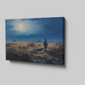 Framed canvas print of a digital painting featuring a cowboy silhouette against a vibrant sunset landscape