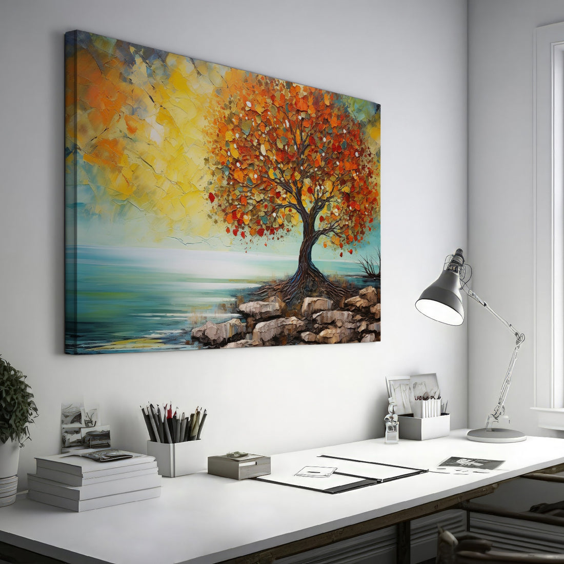 Impressionistic painting of a tree with golden autumn leaves by the coast on canvas