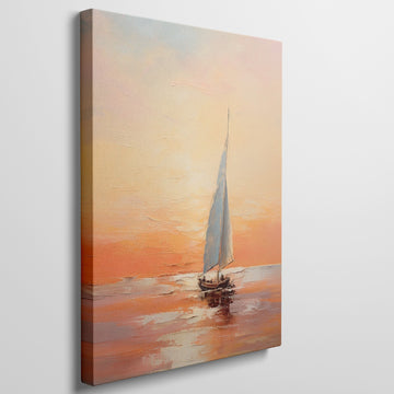 Framed canvas print of impressionistic sailboat at sunset with warm golden and orange tones