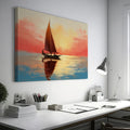 Impressionistic sailboat at sunset with vibrant orange, red, and blue hues reflecting on water