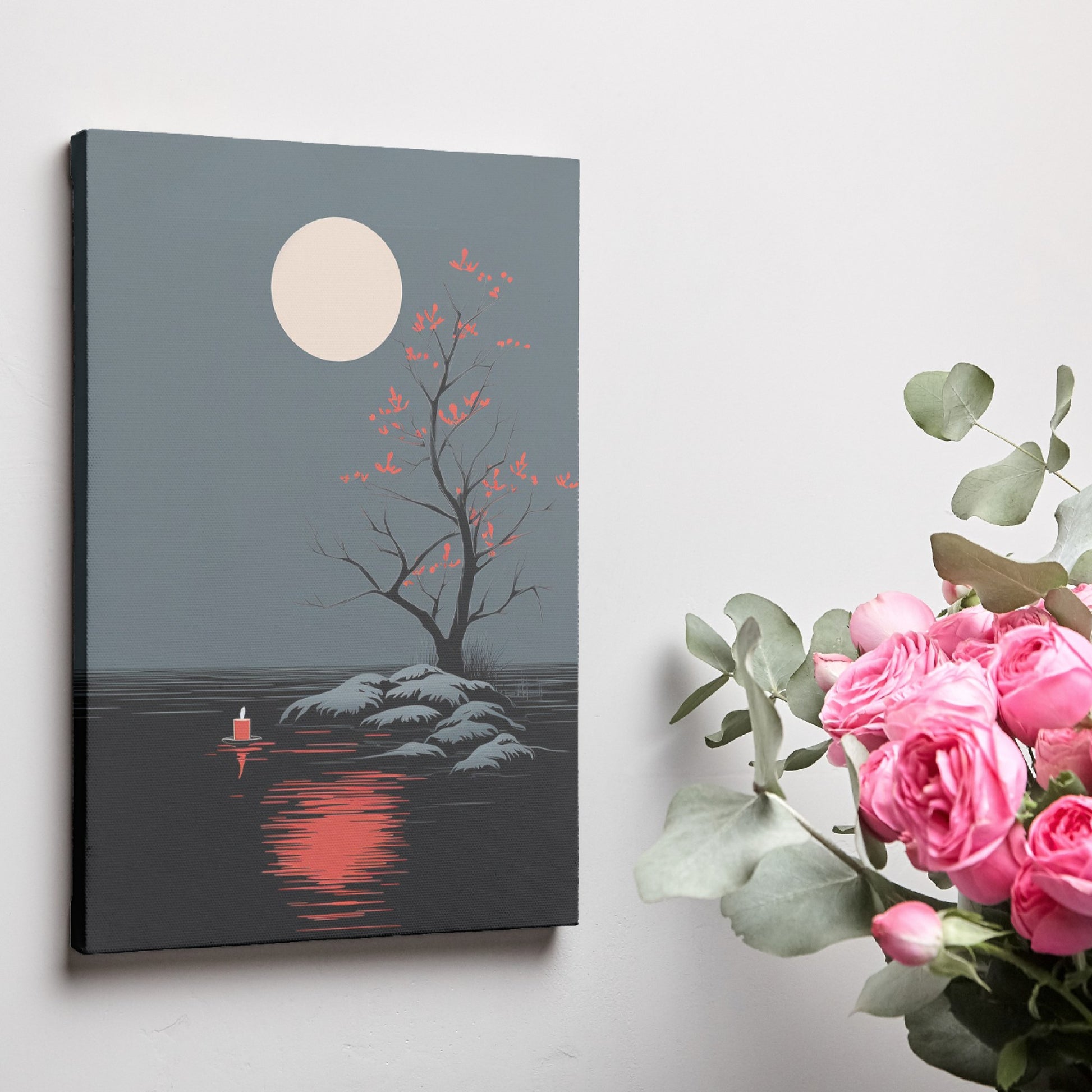 Framed canvas print of a minimalist tree at night with a glowing moon and red leaf accents