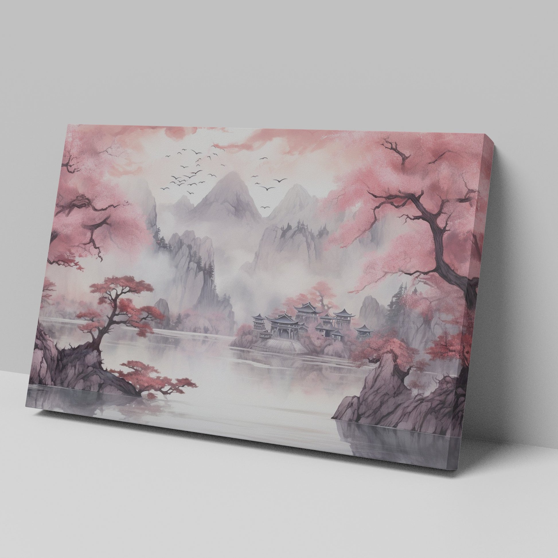 Framed canvas print of Asian landscape with cherry blossoms and misty mountains