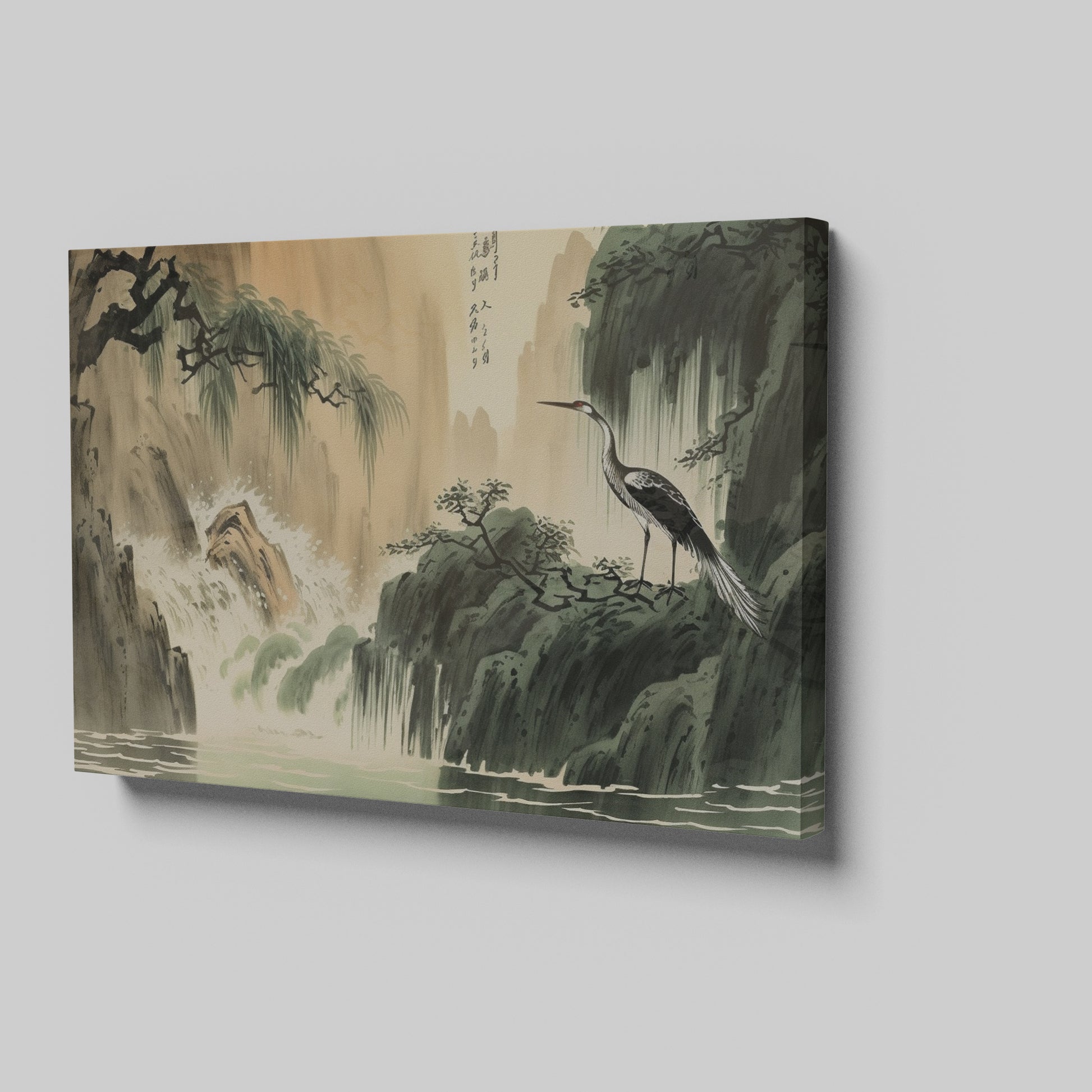 Framed canvas print of an Oriental crane beside a waterfall in traditional Chinese ink wash style