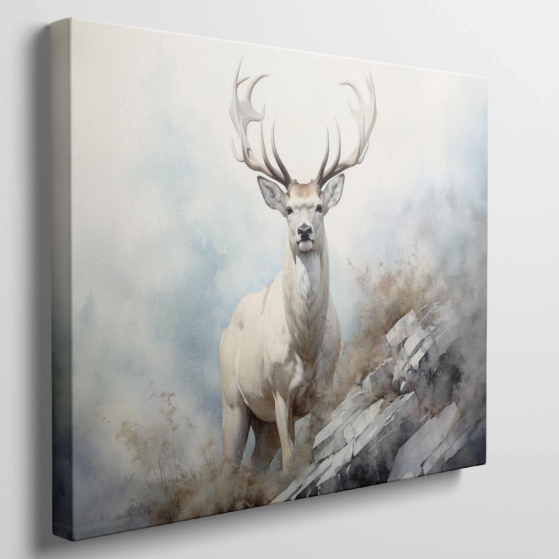 Framed canvas print of a majestic stag in a misty, ethereal forest landscape