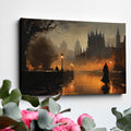 Framed canvas print of a gothic cityscape at twilight with warm glows and a shadowy figure