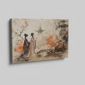 Framed canvas print of an oriental ink painting depicting two figures in traditional attire with an autumnal landscape and pagoda