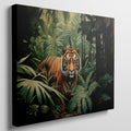 Framed canvas print of a majestic tiger amidst vibrant green tropical foliage