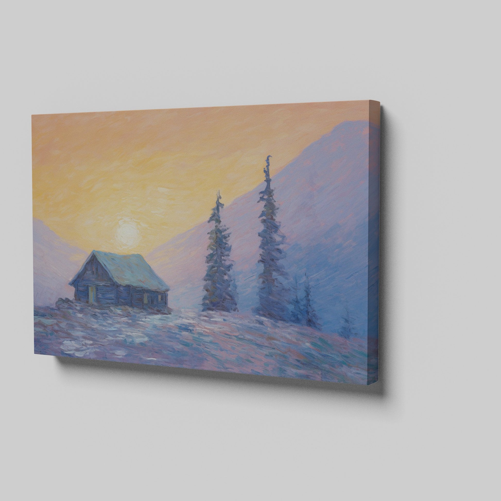 Framed canvas print of an impressionist painting with a mountain cabin at sunset