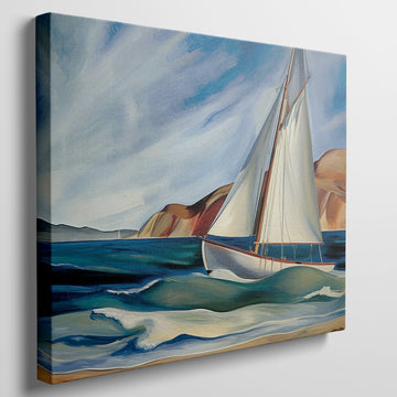 Framed canvas print of a vibrant sailboat sailing near a coastline with blue skies