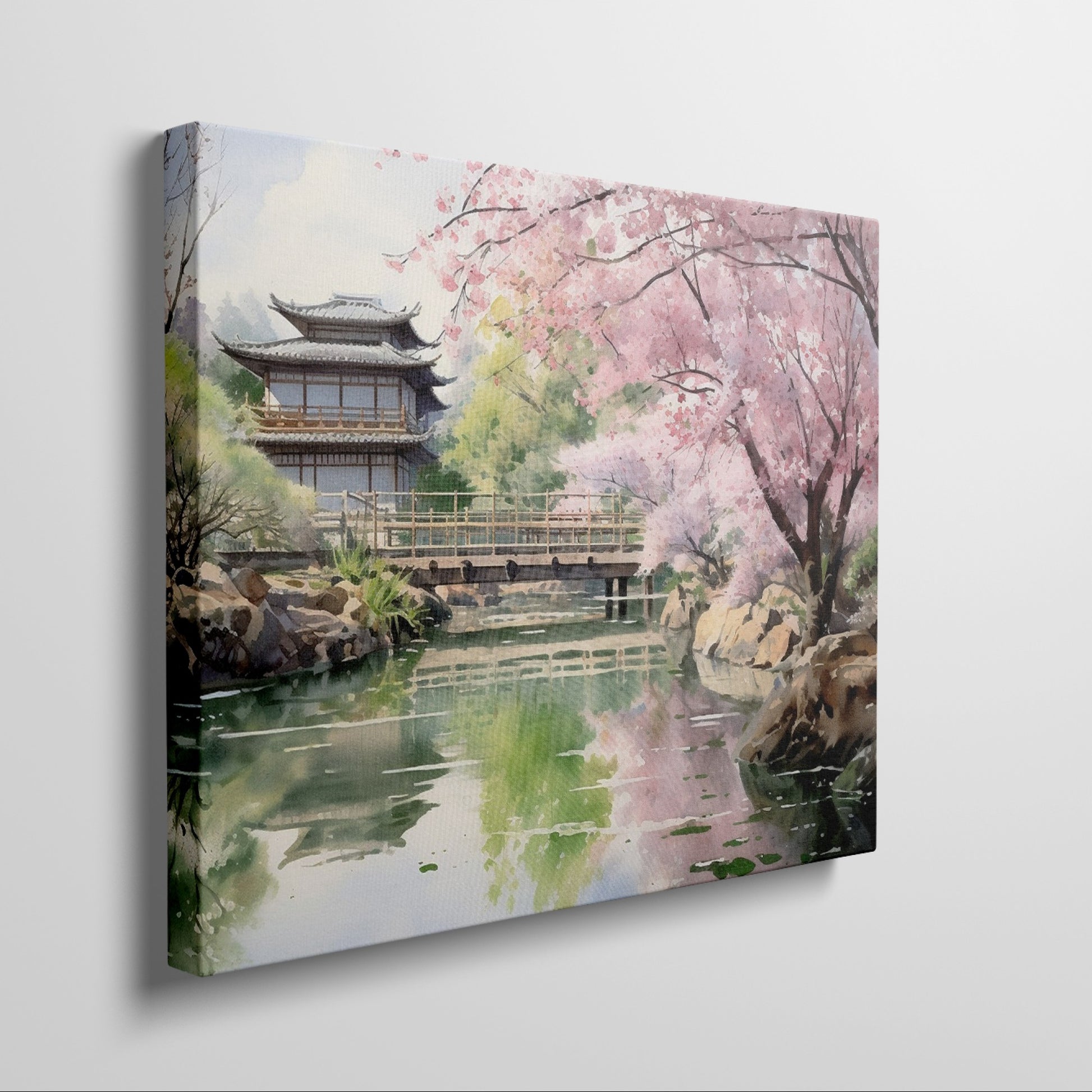 Watercolor painting of a Japanese garden with cherry blossoms, a pagoda, and a reflecting pond