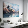 Framed canvas print of traditional Japanese pagoda and cherry blossoms with mountains in the background