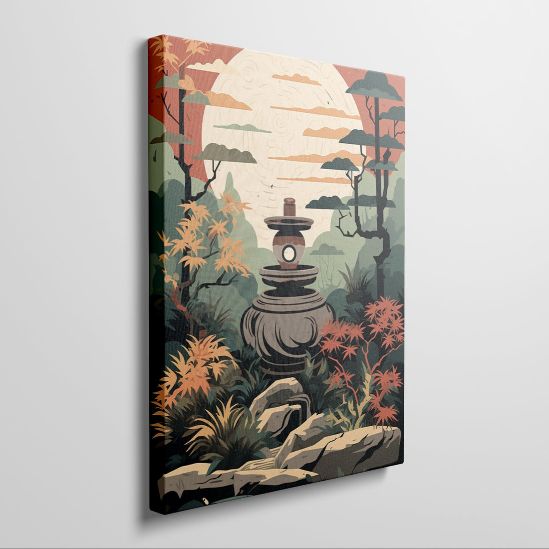 Oriental garden scene with a stone lantern, full moon, and autumn foliage in an illustration