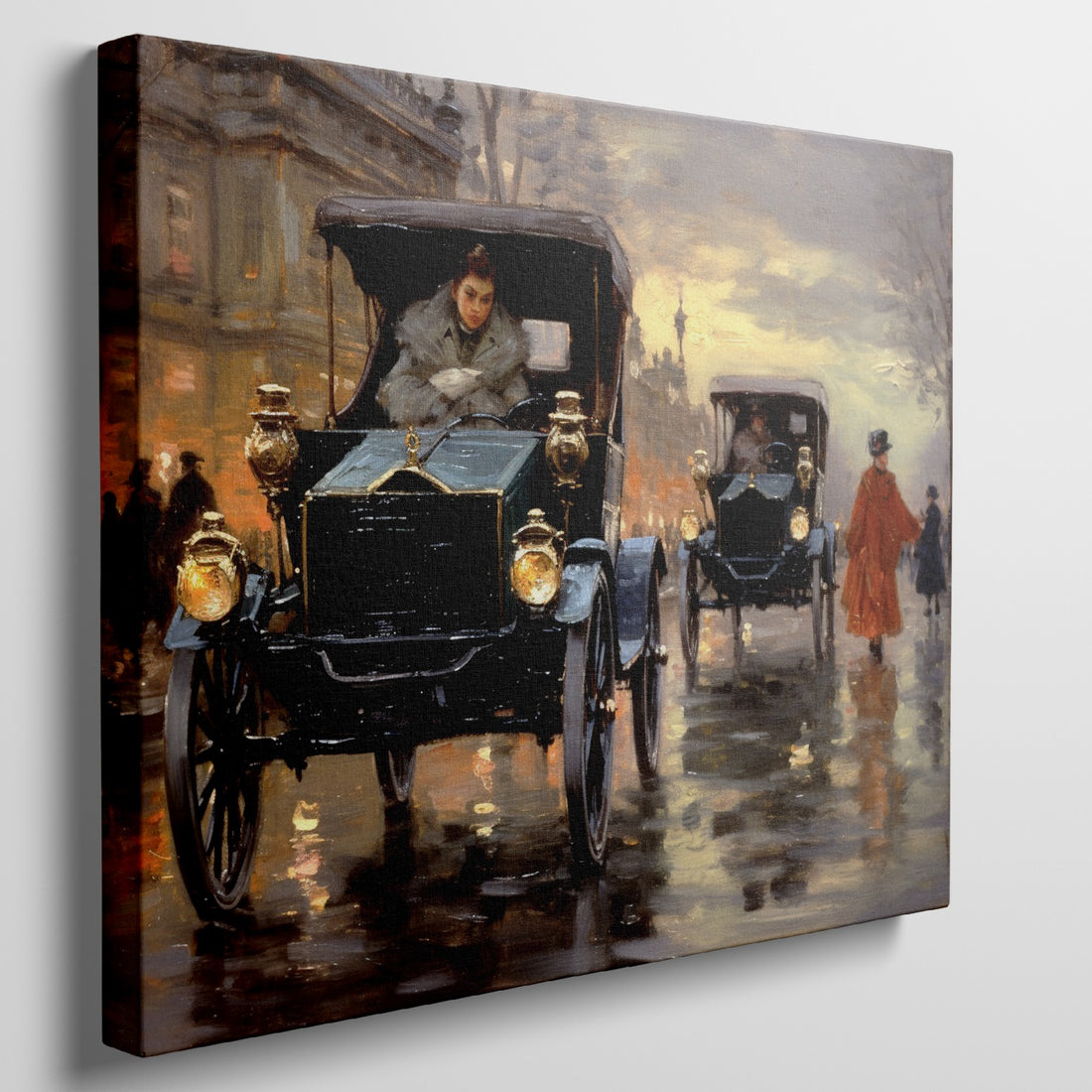 Framed canvas print of a vintage Parisian street scene with carriages and glowing lamps