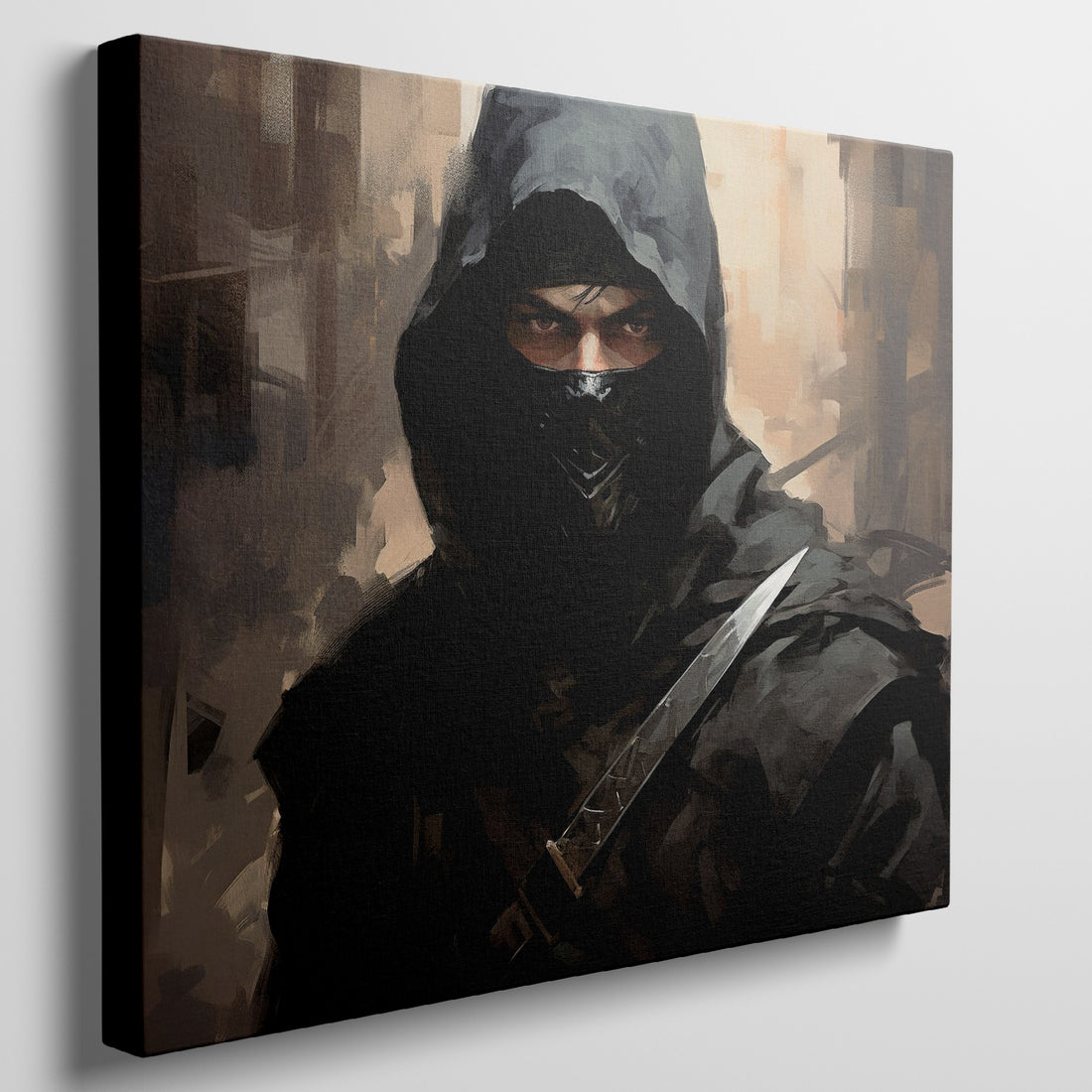 Framed canvas print of a dark and mysterious ninja warrior with intense gaze and sword