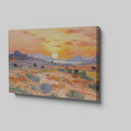 Framed canvas print of an impressionist painting depicting a desert sunset with warm colours