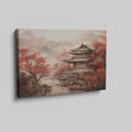 Framed canvas print of Oriental Asian Pagoda scene with Cherry Blossoms and misty mountain backdrop