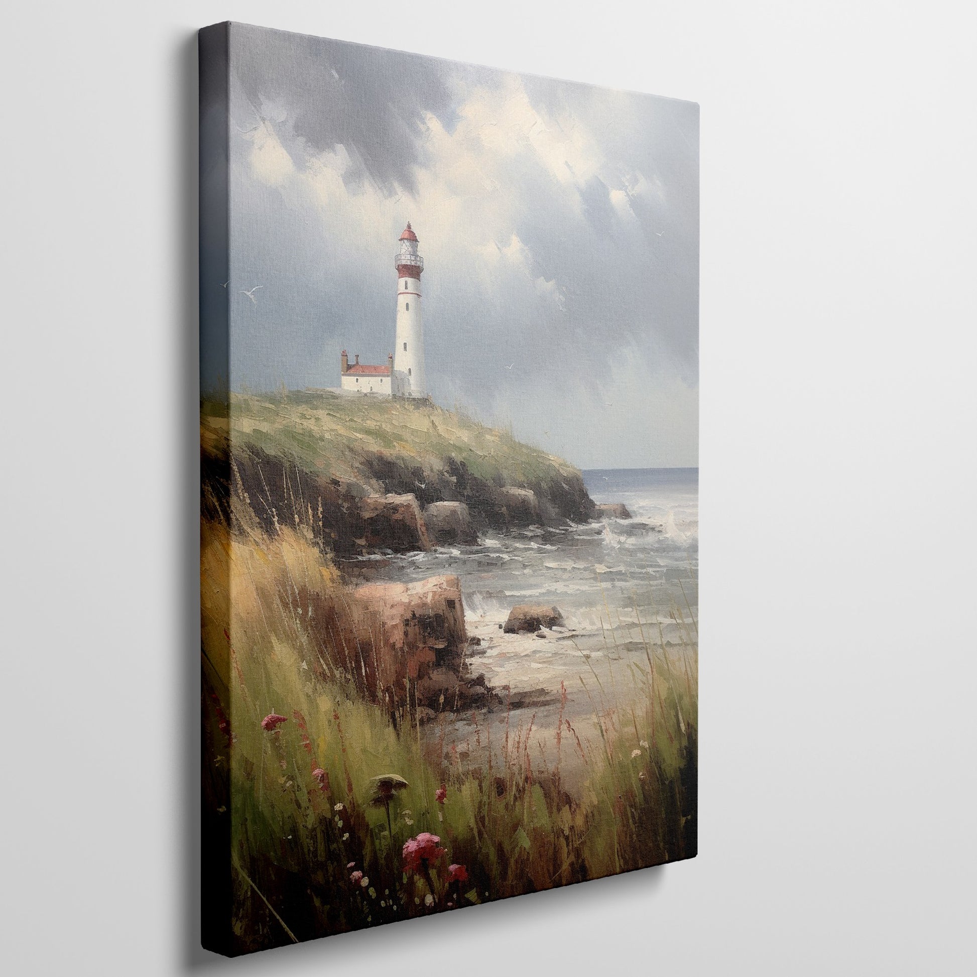 Framed canvas print of an Impressionist painting depicting a lighthouse on a seaside cliff with vivid wildflowers